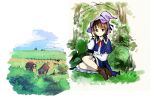  1girl capelet fence grass hair_tucking hat house leaf makuwauri nature outdoors rural shoes sketch tree well 