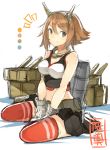  1girl bare_shoulders blush breasts brown_hair gloves green_eyes headgear highres kame^^ kantai_collection large_breasts looking_at_viewer midriff mutsu_(kantai_collection) navel personification red_legwear short_hair sitting sketch skirt solo thighhighs white_gloves 