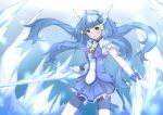  1girl aoki_reika bike_shorts blue blue_background blue_bike_shorts blue_dress blue_eyes blue_hair boots choker crystal_sword cure_beauty dress galaxea gradient gradient_background hair_tubes head_wings highres ice long_hair magical_girl open_mouth precure serious shorts_under_skirt skirt smile_precure! solo sword tiara weapon wrist_cuffs 