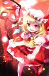  1girl :d blonde_hair dress fang flandre_scarlet highres makuwauri mob_cap open_mouth red red_eyes smile solo touhou 
