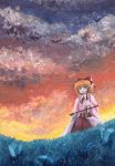  1girl bow brooch cloudy_sky commentary_request erhu grass green_eyes hair_bow jewelry kitsuzue_mika layered_dress leaf long_sleeves orange_hair parted_lips satsuki_rin short_hair sitting solo touhou twilight wide_sleeves 