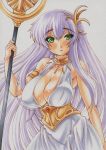  1girl athena_(saint_seiya) breasts choker cleavage green_eyes hair_ornament kido_saori large_breasts lavender_hair long_hair looking_at_viewer marker_(medium) saint_seiya solo staff traditional_media yutakasan-love 