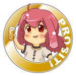  1girl ahoge alcohol beer chibi glass original parted_lips peche_(rapuso) rapuso_(rhapso) red_eyes redhead short_sleeves smile solo 