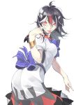  1girl black_hair cuffs dress hand_on_own_face highres horns kijin_seija looking_at_viewer looking_back multicolored_hair puffy_sleeves red_eyes redhead ribbon shiro_negi short_hair short_sleeves simple_background smile solo tongue tongue_out touhou white_background white_hair 