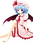  ascot barefoot bat_wings blouse blue_hair bow buttons collared_shirt dress fingernails frilled_dress frilled_shirt frilled_skirt frills hat hat_bow junior27016 large_bow looking_at_viewer mob_cap puffy_sleeves remilia_scarlet ribbon sitting skirt skirt_set smile touhou violet_eyes wings wristband 