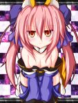  1girl :3 animal_ears bare_shoulders blush breasts caster_(fate/extra) checkered checkered_background cleavage detached_sleeves fate/extra fate_(series) fox_ears fox_tail hair_ribbon highres japanese_clothes karasawa@ leaning_forward long_hair looking_at_viewer pink_hair ribbon solo tail thighhighs twintails yellow_eyes 