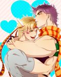  2boys blonde_hair caesar_anthonio_zeppeli facial_mark feathers forehead_kiss green_eyes hair_feathers headband hug jojo_no_kimyou_na_bouken joseph_joestar_(young) kiss konoyasoul multiple_boys purple_hair wink 