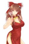  1girl alternate_costume bow breasts brown_eyes brown_hair china_dress chinese_clothes cleavage hair_bow hair_ornament hair_tubes hakurei_reimu holding large_breasts long_hair looking_at_viewer ofuda simple_background smile solo touhou white_background x&amp;x&amp;x yin_yang 