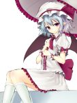  1girl ascot bat_wings blue_hair bow hat hat_ribbon head_tilt junior27016 kneehighs lips looking_at_viewer mob_cap parasol pointy_ears puffy_short_sleeves puffy_sleeves red_eyes remilia_scarlet ribbon short_hair short_sleeves simple_background sitting skirt skirt_set smile solo touhou umbrella white_background white_legwear wings wrist_cuffs 
