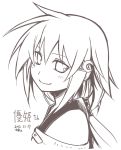  bust dated hakoniwa_tsuka monochrome short_hair simple_background smile solo translation_request white_background 