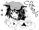  1girl :3 animal_ears bow cat_ears character_name chen fangs hat makuwauri monochrome open_mouth paw_print ribbon simple_background solo touhou white_background 