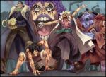  2013 5boys artist_name barefoot big_head black_hair blood blue_hair blue_skin buggy_the_clown cape cigar clown_nose crossed_arms emporio_ivankov epaulettes eyelashes facial_hair fishman fur_trim gills gloves grin hat hook_hand jimbei lipstick makeup male monkey_d_luffy multicolored_hair multiple_boys one_piece pirate_hat purple_hair sandals scar shirt sir_crocodile smile smoking straw_hat striped striped_shirt supario tongue tusks wet 