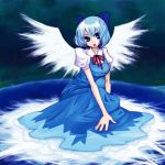  1girl blue_dress blue_eyes blue_hair bow cirno dress hair_bow legs_folded open_mouth ribbon sitting solo tmc touhou wings 