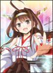  :d ahoge brown_eyes brown_hair deego_(omochi_bazooka) detached_sleeves fang hairband kantai_collection kongou_(kantai_collection) long_hair long_sleeves nontraditional_miko open_mouth outstretched_hand smile wide_sleeves 