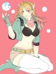  1girl bikini_top blonde_hair bubble caesar_anthonio_zeppeli facial_mark feathers fingerless_gloves genderswap gloves green_jacket hair_feathers headband high_heels jacket jojo_no_kimyou_na_bouken long_hair manakannn midriff nail_polish scarf shorts solo yellow_eyes 