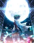  1girl blue_hair bubble building cape dual_wielding elbow_gloves full_moon gloves highres mahou_shoujo_madoka_magica moon rushka skirt solo sword thighhighs weapon white_legwear 