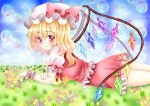  1girl amiguri1108 arm_holding arm_support ascot blonde_hair blue_sky bubble clouds flandre_scarlet flower grass hat hat_ribbon highres light_particles looking_at_viewer lying mob_cap on_stomach open_mouth outdoors puffy_short_sleeves puffy_sleeves red_eyes ribbon short_hair short_sleeves side_ribbon skirt skirt_set sky solo sparkle touhou wings wrist_cuffs 
