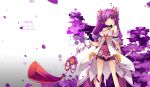  1girl 2013 aisha_(elsword) curly_hair dated detached_collar elsword gloves highres long_hair purple_hair sheltea skirt smile solo twintails violet_eyes 