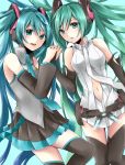  2girls absurdres aqua_eyes aqua_hair bridal_gauntlets detached_sleeves green_eyes green_hair hatsune_miku highres long_hair miku_append multiple_girls navel necktie richard skirt thighhighs twintails very_long_hair vocaloid vocaloid_append 