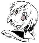  bust eyebrows hakoniwa_tsuka looking_at_viewer looking_back mahogaku monochrome pointy_ears short_hair simple_background smile solo white_background 