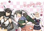  black_hair blonde_hair camouflage fingerless_gloves gloves green_eyes japanese_clothes kantai_collection nagato_(kantai_collection) orikoshi_shino pleated_skirt red_eyes school_uniform serafuku skirt twintails yuudachi_(kantai_collection) zuikaku_(kantai_collection) 