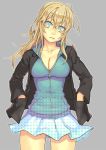  1girl and blonde_hair blue_eyes breasts cleavage hands_in_pockets jacket long_hair mustard_seeds original skirt solo 