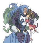  1boy 1girl absurdres anise_tatlin auru_t barbatos_goetia black_hair blue_hair bodysuit bow brown_eyes cape dark_skin gloves grin hair_bow height_difference highres long_hair muscle short_hair size_difference skirt smile tales_of_(series) tales_of_destiny_2 tales_of_the_abyss thighhighs twintails white_background white_legwear 