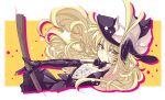  1girl alternate_costume arm_up armpits black_gloves blonde_hair blush bowtie broom detached_collar elbow_gloves gloves hat highres kirisame_marisa long_hair looking_at_viewer solo star touhou touya_(the-moon) witch_hat yellow_eyes 