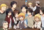  5girls 6+boys annie_leonhardt armin_arlert bertholt_fubar black_eyes black_hair blonde_hair blue_eyes blush brown_eyes brown_hair christa_renz clapping conny_springer cup eren_jaeger everyone food grin hand_on_head hoodie jean_kirchstein keith_shadis knife long_hair long_sleeves marco_bodt marimo_danshaku mikasa_ackerman multiple_boys multiple_girls ponytail reiner_braun sasha_braus scarf shingeki_no_kyojin short_hair smile steak sweatdrop vest wink yellow_eyes ymir_(shingeki_no_kyojin) 