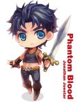  1boy blue_eyes blue_hair bxyzic chibi jojo_no_kimyou_na_bouken jonathan_joestar midriff solo sword weapon 