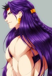  1boy alternate_hairstyle blue_eyes braid cars_(jojo) earrings gedoooo half_updo horns jewelry jojo_no_kimyou_na_bouken long_hair profile purple_hair solo straight_hair 