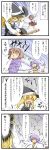  /\/\/\ 3girls 4koma apron berutasu blonde_hair bow brook brown_hair closed_eyes comic flying hair_ornament hairband hat hat_bow highres kirisame_marisa long_hair multiple_girls purple_hair tongue touhou translation_request tsukumo_benben tsukumo_yatsuhashi very_long_hair waist_apron wink witch_hat wrapped yellow_eyes 