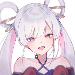  1girl :d bare_shoulders cho_kaguya-hime! collarbone commentary criss-cross_halter grey_hair hair_rings halterneck long_hair looking_at_viewer midorikawa_you multicolored_hair pink_hair runami_yachiyo simple_background smile solo two-tone_hair upper_body violet_eyes white_background 