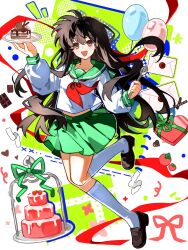  1girl :d ahye balloon black_hair black_shoes box brown_eyes cake chocolate chocolate_cake envelope food full_body green_sailor_collar green_skirt heart-shaped_box highres higurashi_kagome holding holding_plate holding_spoon inuyasha kneehighs layer_cake long_hair long_sleeves neckerchief open_mouth plate pleated_skirt red_neckerchief sailor_collar shirt shoes sidelocks skirt smile socks solo spoon tray very_long_hair white_background white_shirt white_socks 