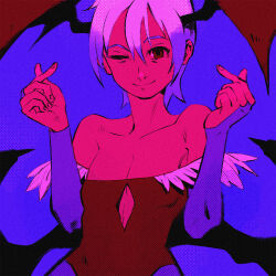  1girl animal_print bare_shoulders bat_print bat_wings blue_background breasts bridal_gauntlets clothing_cutout collarbone commentary darkstalkers demon_girl diamond_cutout elbow_gloves english_commentary finger_heart flat_chest gloves hair_between_eyes head_wings highres leotard lilith_(darkstalkers) looking_at_viewer one_eye_closed pantyhose purple_hair purple_theme red_eyes red_leotard sebazebes short_hair simple_background small_breasts smile solo upper_body wings 