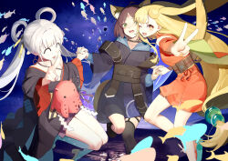  3girls ^_^ absurdres animal_ears black_hair blonde_hair blush cheek-to-cheek chinese_commentary cho_kaguya-hime! closed_eyes commentary fish forehead_jewel fox_ears green_eyes hair_ornament hair_rings hair_stick halterneck heads_together highres interlocked_fingers kaguya_(cho_kaguya-hime!) lao_tan_huacai long_hair looking_at_another looking_at_viewer lop_rabbit_ears multiple_girls one_eye_closed orange_eyes rabbit_ears runami_yachiyo sakayori_iroha short_hair twintails v very_long_hair white_hair 