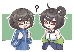  2girls :c ? ahoge artist_name azur_lane bare_shoulders black-framed_eyewear blue_track_suit brown_hair cropped_torso dead_or_alive dead_or_alive_xtreme dead_or_alive_xtreme_venus_vacation glasses hair_bun hair_ornament hairclip highres ingraham_(azur_lane) jacket looking_at_viewer mole mole_under_mouth multiple_girls praset03 red_eyes semi-rimless_eyewear short_hair simple_background track_jacket track_suit tsukushi_(doa) yellow_eyes 