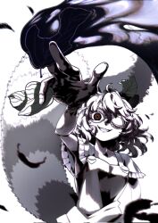  1girl animal_ears arm_up blurry brown_eyes brown_hair brown_shirt commentary_request corrupted_twitter_file darkness eyelashes fingernails floating_hair frilled_sleeves frills futatsuiwa_mamizou grin hair_between_eyes high_contrast highres hira990113 holding holding_leaf leaf leaf_on_head limited_palette looking_at_viewer one_eye_closed outstretched_arm pince-nez raccoon_ears raccoon_girl raccoon_tail round_eyewear shirt short_hair short_sleeves simple_background smile solo tail touhou upper_body white_background 