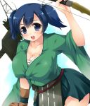  1girl arrow black_hair blue_eyes blue_hair bow_(weapon) breasts cleavage hair_ribbon japanese_clothes kantai_collection kougasha open_mouth personification ribbon short_hair skirt smile solo souryuu_(kantai_collection) twintails weapon wide_sleeves 