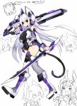  1girl bare_shoulders boots breasts dual_wielding highres long_hair mamuru original red_eyes simple_background sword tail thighs very_long_hair weapon white_background white_hair 