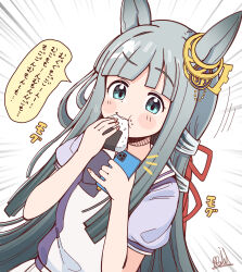  1girl :t animal_ears blue_eyes blush_stickers bow cellphone chrono_genesis_(umamusume) closed_mouth commentary_request dutch_angle eating emphasis_lines food food_on_face grey_hair highres holding holding_food holding_phone horse_ears long_hair onigiri phone pleated_skirt puffy_short_sleeves puffy_sleeves purple_bow purple_shirt rakugakiraid rice rice_on_face school_uniform shirt short_sleeves signature skirt solo tracen_school_uniform translation_request umamusume very_long_hair white_background white_skirt 