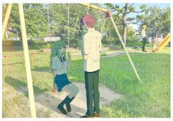  2boys 2girls black_pants blue_hair bow bowtie brown_shoes chain closed_eyes food grass green_hair hand_on_own_hip hand_up hands_up highres holding holding_chain holding_food holding_popsicle kamishiro_rui kamiyama_high_school_uniform_(project_sekai) kneehighs kusanagi_nene long_sleeves looking_at_another miyamasuzaka_girls'_academy_school_uniform multicolored_hair multiple_boys multiple_girls n_ps_7 on_swing ootori_emu outdoors pants photo_background popsicle project_sekai purple_hair red_bow red_bowtie school_uniform shirt shoes short_hair short_sleeves sitting skirt socks standing streaked_hair swing tenma_tsukasa tree two-tone_hair white_shirt white_socks wonderlands_x_showtime_(project_sekai) 