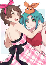  2girls :/ :d aqua_background backless_dress backless_outfit bare_shoulders black_bow black_ribbon border bow breasts brown_hair casual choppy_bangs closed_eyes closed_mouth collarbone commentary crop_top dancing dress dress_bow dress_ribbon expressionless face-to-face frilled_shirt frills googly_eyes green_eyes hair_bow hair_ribbon hairband hand_on_another's_hip hat highres hikimayu holding_hands looking_at_another medium_hair midriff monogatari_(series) multiple_girls nademonogatari off-shoulder_shirt off_shoulder ononoki_yotsugi open_mouth orange_hat outside_border parted_bangs pink_background pink_bow pink_dress pink_hairband pink_ribbon plaid_clothes plaid_dress plaid_skirt pointy_ears red_skirt ribbon sengoku_nadeko shirt short_eyebrows short_hair short_sleeves shoulder_blades sidelocks skirt sleeveless sleeveless_dress small_breasts smile spine strapless strapless_dress thick_eyebrows tsugumi_(tgm_615486) turning_head twintails two-tone_dress two-tone_skirt upper_body very_short_hair white_border white_dress white_skirt yuri 
