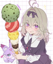  1girl ahoge animal_ear_fluff animal_ears blush bow brown_hair capelet commentary dress food frills grid_background hair_bow hairband ice_cream jewelry long_sleeves mashu-tan medium_hair meitantei_precure! moria_luluka necklace pendant precure purple_dress simple_background tokkyu violet_eyes 