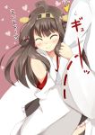  1boy 1girl admiral_(kantai_collection) ahoge arm_hug braid brown_hair chaa_(korone-ze) closed_eyes detached_sleeves hairband japanese_clothes kantai_collection kongou_(kantai_collection) nontraditional_miko personification smile sweatdrop thighhighs wide_sleeves 
