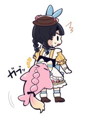  1girl ^^^ animal_ear_headwear animal_ears animalization anyoji_hime anyoji_hime_(seal) biting_another's_clothes black_hair blue_socks boots braid brown_boots brown_hat dress flower from_behind full_body fushigi_to_kimi_to_library hat hat_flower high_heel_boots high_heels kiruzzy love_live! love_live!_hasu_no_sora_jogakuin_school_idol_club low_twin_braids medium_hair momose_ginko notice_lines pink_flower pinstripe_dress pinstripe_pattern puffy_short_sleeves puffy_sleeves rabbit_ears seal_(animal) short_sleeves simple_background socks twin_braids white_background yellow_dress 