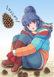  1girl blue_background blue_hair blue_jacket blue_pants blue_scarf boots brown_boots brown_scarf commentary_request curled_up denim down_jacket full_body gloves gradient_background green_scarf hair_bun highres huge_hair_bun hugging_own_legs jacket jeans knee_boots knees_up looking_at_viewer matebashi multicolored_jacket multicolored_scarf open_mouth orange_jacket pants pinecone red_gloves red_scarf scarf shima_rin single_hair_bun sitting solo striped_clothes striped_scarf two-tone_jacket violet_eyes white_background yurucamp 