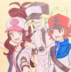  1girl 2boys baseball_cap black_vest blue_eyes blue_jacket breasts brown_eyes brown_hair collarbone commentary_request green_hair hat high_ponytail highres hilbert_(pokemon) hilda_(pokemon) jacket jewelry locked_arms looking_at_another looking_at_viewer mitune114 multiple_boys n_(pokemon) necklace open_clothes open_vest pokemon pokemon_black_and_white ponytail red_hat shirt short_hair small_breasts smile strap teeth traditional_media turtleneck turtleneck_jacket upper_body upper_teeth_only vest white_hat xtransceiver yellow_background zipper 
