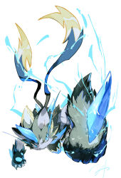  1other black_fur blue_eyes blue_fur claws electricity fang full_body furry highres horns looking_at_viewer mega_pokemon mega_zeraora multicolored_fur other_focus pokemon pokemon_(creature) pokemon_focus punching simple_background single_horn solo spikes two-tone_fur whiskers white_background yoshiya_(ina_ba_ya) zeraora 