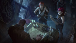  1boy 2girls 3others bald banner bracer candle candlestand carpet facial_tattoo highres map mshen multiple_girls multiple_others orange_hair original ponytail reading red_hair scroll shield shield_on_back siblings sisters sleeveless table tattoo window 